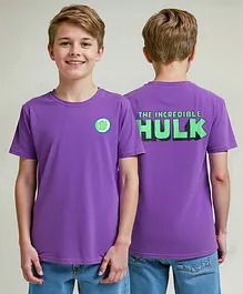 Pine Kids Marvel Single Jersey Knit Half Sleeves Drop Shoulder T-Shirt With Hulk Graphic And Badge Detailing - Purple