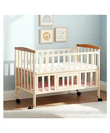 Furnifest Wooden Cot Crib with Mattress and
                        Mosquito Net for 0 to 3 years - Beige| Wheels
                        with Lock| Large Storage Space| Bed Height
                        Adjustable | Openable Side Rail| Folding
                        Headboard | Convert to Study Table | Attach to
                        Parent Bed