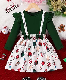 Fashion Dream Cotton Blend Full Sleeves Bow Applique & Frill Detailed Gifts Printed Dress - Green