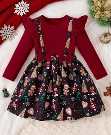 Fashion Dream Cotton Blend Full Sleeves Bow Applique & Frill Detailed Trees Printed Dress - Maroon