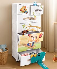 Babyhug 6 Layers High Density Plastic Storage Cabinet Baby Lion Print With Wheels - White