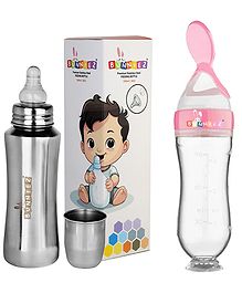 Bunniez Stainless Steel Baby Feeding Bottle -240ml and Silicone Baby Food Feeder - 90ml  - Combo of 2