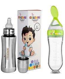 Bunniez Stainless Steel Baby Feeding Bottle -240ml and Silicone Baby Food Feeder - 90ml  - Combo of 2