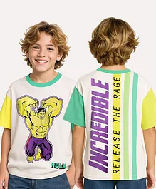 Pine Kids Marvel Terry Knit Half Sleeves Oversized And Drop Shoulder T-Shirt With Front And Back Hulk Graphics - White