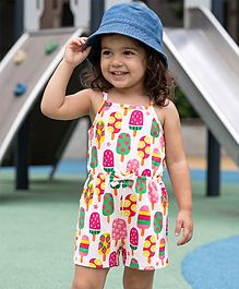 Babyhug Cotton Knit Sleeveless Jumpsuit With Ice Cream Print - White