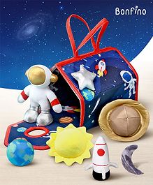 Bonfino Premium Space House Playset with Carry Handle | 7 Space Plush Figurines (Sun, Earth, Moon, Stars, Saturn, Rocket & Astronaut) | Educational & Montessori Learning Toy for Pretend Play | BIS Certified | Gifting Toy