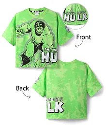 Pine Kids Marvel Terry Knit Half Sleeves Oversized And Drop Shoulder T-Shirt With Front And Back Avenger Hulk Graphics And Badge Detailing - Light Green