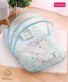 Babyhug 100% Cotton Digital Print Mattress
                        Set with Mosquito Net Elephant Print - Blue