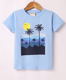Lazy Bones Sinker Knit Half Sleeves T- Shirt with Beach Theme Print - Light Blue