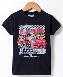 Lazy Bones Sinker Knit Half Sleeves T- Shirt with Racer Car Theme Print - Navy Blue