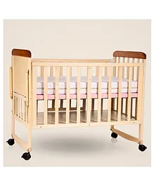 Furnifest Wooden Cot Cum Rocker with
                        Mattress and Mosquito Net - Walnut Beige| Wheels
                        with Lock| Large Storage Space| Bed Height
                        Adjustable | Openable Side Rail| Folding
                        Headboard | Convert to Study Table | Attach to
                        Parent Bed