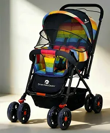 StarAndDaisy Stroller for Baby Boy &
                        Girl 0 to 3 Years, Baby Stroller Lightweight,
                        Foldable Pram for Baby 3-Point Safety Harness,
                        Adjustable Backrest, 360°Swivel Wheel, Large
                        Storage, Reversible Handlebar, Extended Mosquito
                        Net(Pi Rainbow)