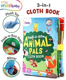 Intellibaby Peek-A-Boo Animal Pals Colourful Cloth Book | Crinkling Sound & Soft Toys | Washable | Boosts Sensory Play & Early Learning | BIS Approved | Educator Recommended | Ideal For Gifting