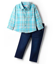 Babyhug Cotton Woven Full Sleeves Shirt & Jeans with Checks - Light Blue & Blue