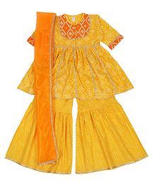 Little Ginnie Cotton Half Sleeves Gota Lace Embellished Bandhani Designed Kurta Sharara & Dupatta Set - Yellow