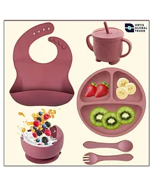Ortis 6 Pcs Silicone Baby Feeding
                              Set, BPA Free & Microwave Safe Dinner
                              Tableware Kit - Feeding Bowl, Suction
                              Plate, Cup, Spoon, Fork & Bib for Kids
                              (Pink)