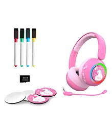 WatchOut Galaxy Kids Headphone with Safe Sound as Per WHO Free Learning Audio Stories DIY Magnets Bluetooth + Wired Mic for School Travel - Unicorn Pink