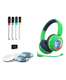 WatchOut Galaxy Kids Headphone with Safe Sound as Per WHO Free Learning Audio Stories DIY Magnets Bluetooth + Wired Mic for School Travel - Green Dino