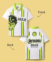 Pine Kids Marvel Terry Knit Half Sleeves Polo T-Shirt With Front And Back Avenger Hulk Graphics - White & Green