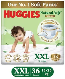 Huggies Natural Soft Premium Baby Diaper
                        Pants, Double Extra Large (XXL) Size (15-25
                        Kgs), Pack of 36 | Cloud Softness All over