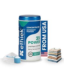 Ethiek Concentrated Detergent Washing Powder, only 20gm for 1 load | Top Load, Front Load & Hand Wash | 3X Power for Tough Stain Removal, 100% Natural & Organic | Baby Safe & Biodegradable - 800g