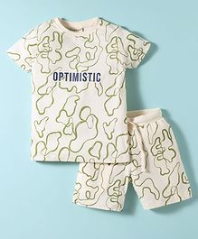 Lazy Bones Sinker Knit Half Sleeves Printed T-Shirt & Shorts Co-Ord Set - Cream