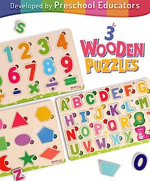 Intelliskills 3-in-1 Wooden Puzzle Tray Set for Kids | Alphabet, Numbers & Shapes | Montessori Educational Toy | Boosts Vocabulary & Recognition | For Gifting | BIS Certified | Educator Recommended
