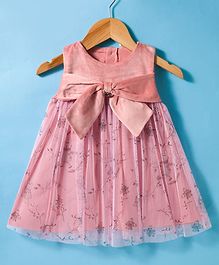 ToffyHouse Woven Sleeveless Frock with Bow Applique & Floral Print - Light Red