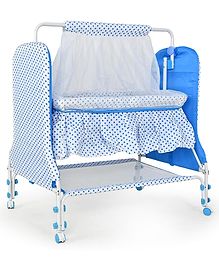 BUBBLEBABY Premium Baby Dot Cradle With Mosquito Net All 360° Rotating Wheels With Wheel Lock Storage Basket - Blue