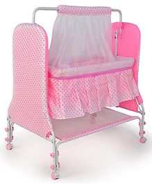 BUBBLEBABY Premium Baby Dot Cradle With Mosquito Net All 360 Rotating Wheels With Wheel Lock Storage Basket - Pink
