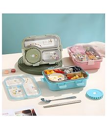 SCHOOLISH 3D Printed 304 Stainless Steel Rectangular 3 Grids Lunch Box with Bowl Leak Proof Food Container with Locks 700ml - PACK OF 1 - COLOR MAY VARY
