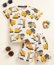Little Marine Cotton Knit Half Sleeves Construction Vehicles Printed Tee With Coordinating Shorts Set - Cream