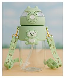 KIDS BASIC Water Bottle Sipper with Bear Design Adjustable Shoulder Strap, Clear BPA Free Plastic Sipper- 850 ml - Green