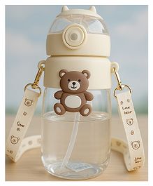 KIDS BASIC Water Bottle Sipper with Bear Design Adjustable Shoulder Strap, Clear BPA Free Plastic Sipper- 850 ml - White