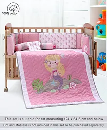 Babyhug Premium Cotton Crib Bedding Set Seahorse Theme Small Pack of 6 - Pink (Cot not Included)