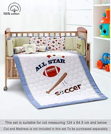 Babyhug Premium Cotton Embroidered Crib Bedding Set Sports Theme Small Pack of 6 - Off White Blue