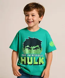 Pine Kids Marvel Single Jersey Knit Drop Shoulder Half Sleeves Oversized T-Shirt with Hulk Graphics - Green