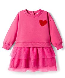 Bonfino 100% Cotton French Terry Full Sleeves Oversized Drop Waist Dress with Heart Embroidery & Mesh Layers - Dark Pink