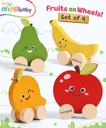 Intellibaby Fruit Wooden Wheelies for Babies | Set of 4 | Colourful Premium Push & Roll Wheel Toys for Toddlers | Early Learning Education | Paediatrician Approved | BIS Approved | Best For Gifting