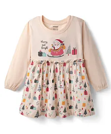 CUCUMBER Interlock Knit Full Sleeves Frock With Christmas Print - Peach