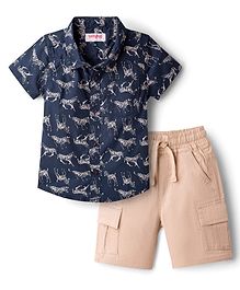 Babyhug Cotton Woven Half Sleeves Zebra Printed Shirt & Shorts Set - Navy Blue