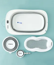 Babyhug Foldable Baby Bath Tub with set of 4 Accessories - Grey| Drain Plug for Easy Cleaning| Removable Bath Rack| Foldable Bath | Foldable Bath Mug with Handle