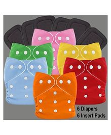 Sparkle Joy Reusable Solid Pocket Cloth Diapers With Inserts Pack of 6 - Multicolour