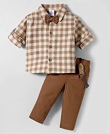 Child World Textile Woven Full Sleeves Shirt & Trouser Set with Check Suspender & Bow - Brown