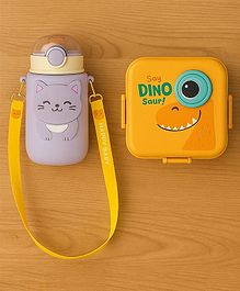 Badal Kidz Carnival Super Dino Lunch Box 2 Layer Stainless Steel Lunch Box and 1 plastic School Sipper - Yellow Purple