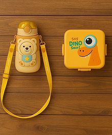 Badal Kidz Carnival Super Dino Lunch Box 2 Layer Stainless Steel Lunch Box and 1 plastic School Sipper - Yellow Brown