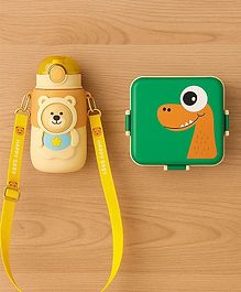 Badal Kidz Carnival Super Dino Lunch Box 2 Layer Stainless Steel Lunch Box and 1 plastic School Sipper - Green , Brown