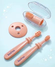 Bonfino Tiny Smile 3-in-1 Brushing Kit - Pink| 0+ Months| Finger Brush Training Brush & Tooth Brush| Anti-Choking Protective Ring| 360° Gentle Cleaning| Ultra Soft Silicone| BPA Free| Easy-Grip Handle