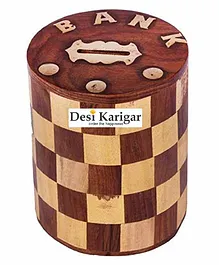 Desi Karigar Wooden Chess Style Round Money Bank - Brown