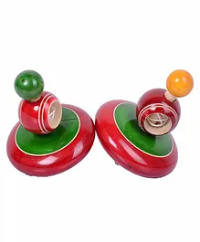 Desi Karigar Classic Wooden Windup Spinning Tops Pack of 2 - Green Red